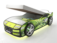 Кровать-машина карлсон турбо гудзон с подъемным механизмом, объемными колесами, подсветкой дна и фар (magic cars) зеленый 85x48x178 см.