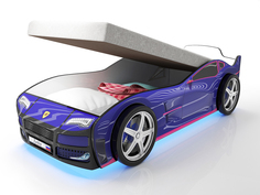Кровать-машина карлсон турбо с подъемным механизмом, объемными колесами, подсветкой дна и фар (magic cars) синий 85x48x178 см.