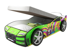 Кровать-машина карлсон турбо с подъемным механизмом, объемными колесами (magic cars) зеленый 85x48x178 см.