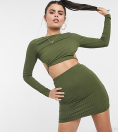 Платье мини цвета хаки в рубчик с длинными рукавами и завязками ASOS DESIGN Petite-Зеленый цвет