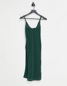 Изумрудно-зеленое платье миди на бретельках из блестящей ткани с глубоким вырезом и высоким разрезом до бедра Fashionkilla-Зеленый цвет