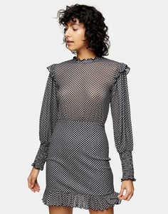 Трикотажное платье мини в монохромную клетку со сборками Topshop-Черный цвет