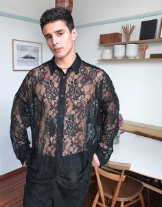 Черная кружевная рубашка в стиле oversized ASOS DESIGN-Черный цвет