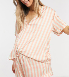 Атласная пижама из топа и шортов персикового цвета в полоску ASOS DESIGN Maternity-Розовый цвет