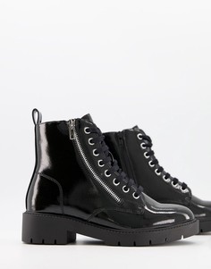 Лакированные черные ботильоны на шнуровке с молниями New Look-Черный цвет