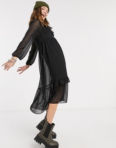 Черное шифоновое платье миди с оборками New Look-Черный цвет
