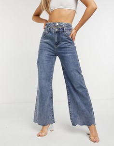 Широкие джинсы с эффектом винтажной потертости и с двойным поясом The Kript-Голубой
