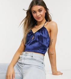 Атласный кроп-топ с завязкой на шее темно-синего цвета Wednesdays Girl-Темно-синий