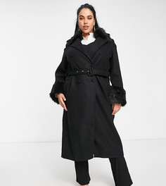 Черное пальто из искусственного меха с поясом Unique21 Plus-Черный цвет
