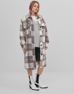 Длинная куртка-рубашка навыпуск в фиолетовую клетку с начесом Bershka-Фиолетовый цвет