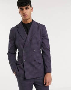 Темно-синий двубортный пиджак узкого кроя в клетку ASOS DESIGN (от костюма)-Голубой