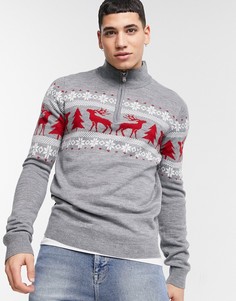 Серый джемпер с новогодним узором Фэйр-Айл и с короткой молнией Threadbare