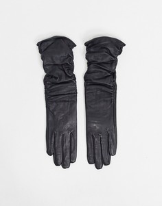 Черные длинные кожаные перчатки со сборками для сенсорных экранов ASOS DESIGN-Черный цвет