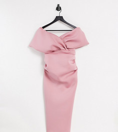 Бледно-розовое облегающее платье миди с запахом на лифе и открытыми плечами True Violet Maternity-Розовый цвет