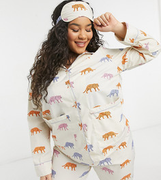 Пижамный комплект из рубашки с длинными рукавами, штанов и маски для сна с принтом в виде тигров Daisy Street Plus-Многоцветный