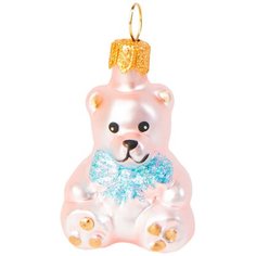 Елочная игрушка Медвежонок с бантом розовый 12 см Без бренда