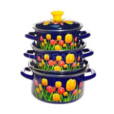 Набор эмалированной посуды Керченский металлургический завод Майский букет-1, (кастрюля 1.5+2.3+3 л), 6 предметов