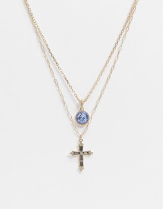 Золотистое ярусное ожерелье с подвесками в виде крестика и синего камня Uncommon Souls-Золотистый
