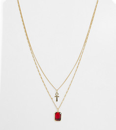 Позолоченное ожерелье из цепочек с подвесками в виде египетского креста и с красного камня Serge DeNimes-Золотистый