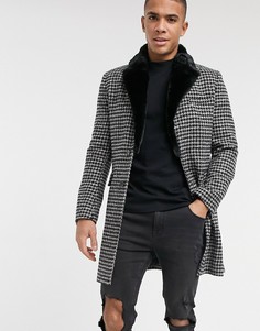 Пальто с воротником из искусственного меха и узором в ломаную клетку Gianni Feraud-Черный цвет