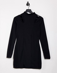 Черное платье миди в рубчик с высоким воротом и разрезами I Saw It First-Черный цвет