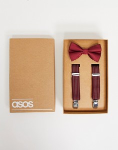 Комплект из подтяжек и галстука-бабочки бордового цвета в полоску ASOS DESIGN Wedding-Красный