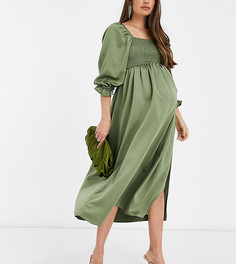 Присборенное атласное платье макси цвета хаки ASOS DESIGN Maternity-Зеленый цвет