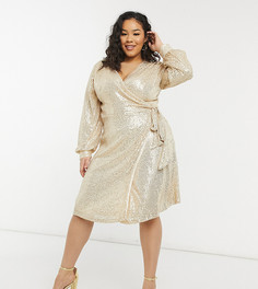 Светло-золотистое платье мини с запахом на завязках и пайетками Chi Chi London Plus-Золотистый