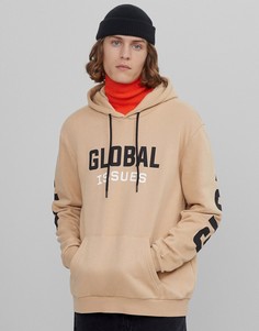 Светло-бежевое худи с принтом "Global" на груди и спине Bershka-Бежевый