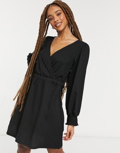 Черное платье мини со сборками на манжетах и мятым эффектом New Look-Черный цвет