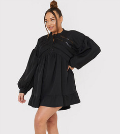 Черное платье-мини с присборенной юбкой, объемными рукавами и пуговицами спереди In The Style Plus x Lorna Luxe-Черный цвет