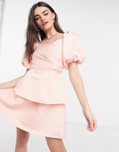 Ярусное платье мини с расклешенной юбкой и пышными рукавами нежно-розового цвета VL The Label-Розовый цвет Virgos Lounge