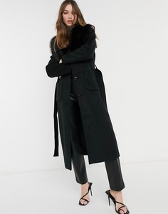 Длинное черное пальто с отделкой из искусственного меха Object-Черный цвет