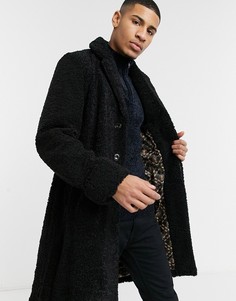 Удлиненное пальто из искусственного меха с поясом Harry Brown-Черный цвет