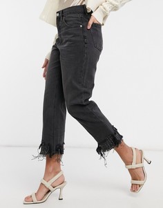 Укороченные прямые джинсы в стиле 90-х выцветшего черного цвета с отделкой бисером по низу штанин Blue Revival-Черный цвет