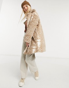 Двубортное пальто из искусственного меха со звериным принтом Daisy Street-Коричневый цвет