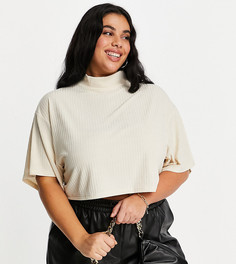 Бежевый топ в рубчик с высоким воротником и рукавами «летучая мышь» Lasula Plus