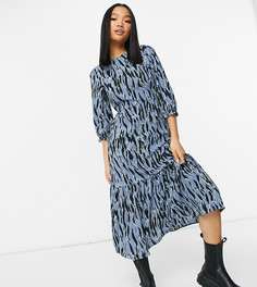 Синее свободное платье миди с зебровым принтом New Look Petite-Голубой