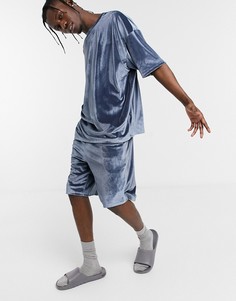 Велюровый пижамный комплект для дома с футболкой в стиле oversized и шортами ASOS DESIGN-Голубой