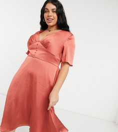 Приталенное платье миди рыжего цвета на пуговицах с расклешенными рукавами Chi Chi London Plus-Коричневый цвет