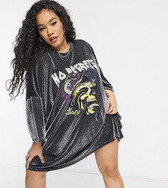 Черное платье-футболка в стиле oversized с эффектом металлик и надписью ASOS DESIGN Curve-Черный