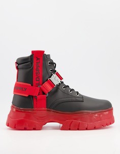 Черные ботинки на шнуровке из искусственной кожи с отделкой красной леньой на массивной подошве ASOS Unrvlld Supply-Многоцветный