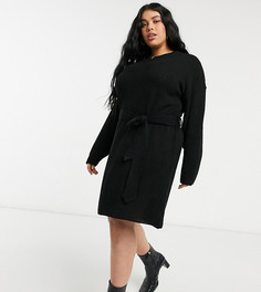 Черное платье-джемпер мини с длинными рукавами и завязками на талии Glamorous Curve-Черный цвет