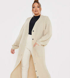 Бежевый удлиненный кардиган In The Style Plus x Lorna Luxe-Коричневый цвет