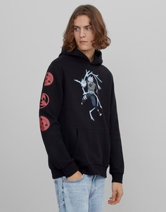 Черный худи с принтом на спине Bershka