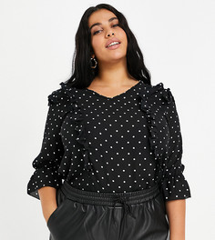 Черная блузка в горошек с оборками Lovedrobe-Черный цвет