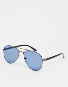 Стальные серые солнцезащитные очки-авиаторы с синими стеклами ASOS DESIGN-Черный цвет