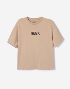 Бежевая футболка oversize c принтом Geek для мальчика Gloria Jeans