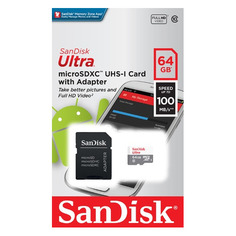 Карта памяти microSDXC UHS-I Sandisk Ultra 64 ГБ, 100 МБ/с, Class 10, SDSQUNR-064G-GN3MA, 1 шт., переходник SD