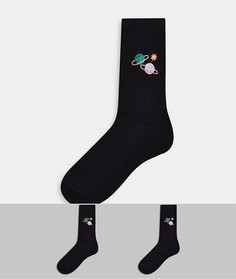 Набор из 2 пар черных носков из органического хлопка с вышивкой с планетами Monki Polly-Черный цвет
